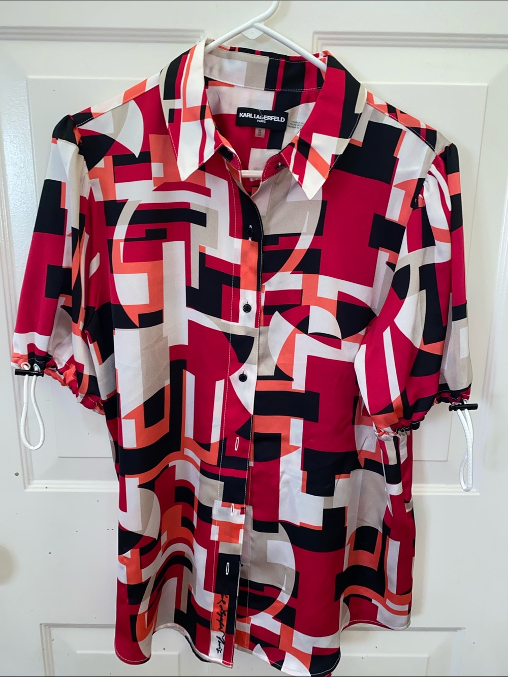 Karl Lagerfeld Geometric Print Short-Sleeve Button-Up in Red, Black & White